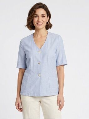 RIANI V-Neck Short Shirt Sleeve Jacket with Pockets Blue Linen Silk Blend Sz 40